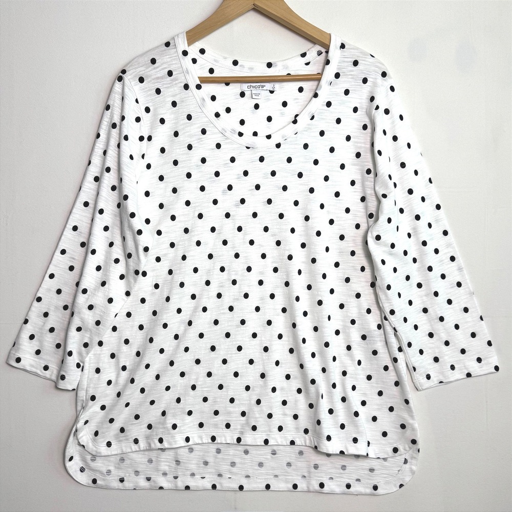 Chicos Polka Dot Slub Knit Top Womens 3 XL White Black 3/4 Sleeve Scoop Neck - Picture 2 of 6